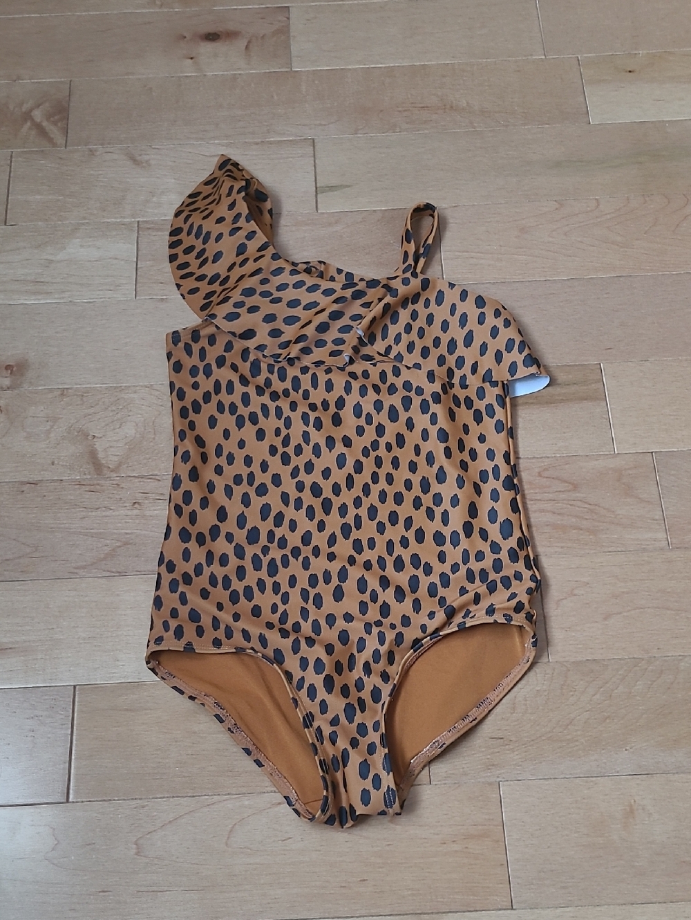H&M Girls Kid Brown Black Leopard Print Ruffle Sleeve One Piece Swimsuit Sz 6-8